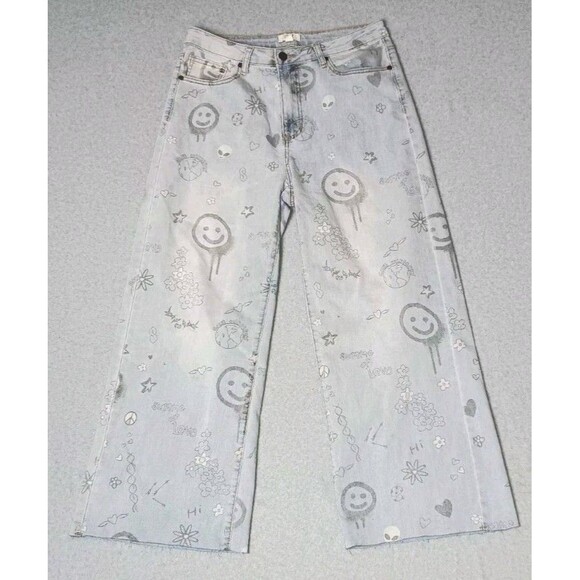 Anthropologie Pants - Easel Anthropologie Wide Leg Graffiti Pants Womens M Light Wash Blue Y2K Retro